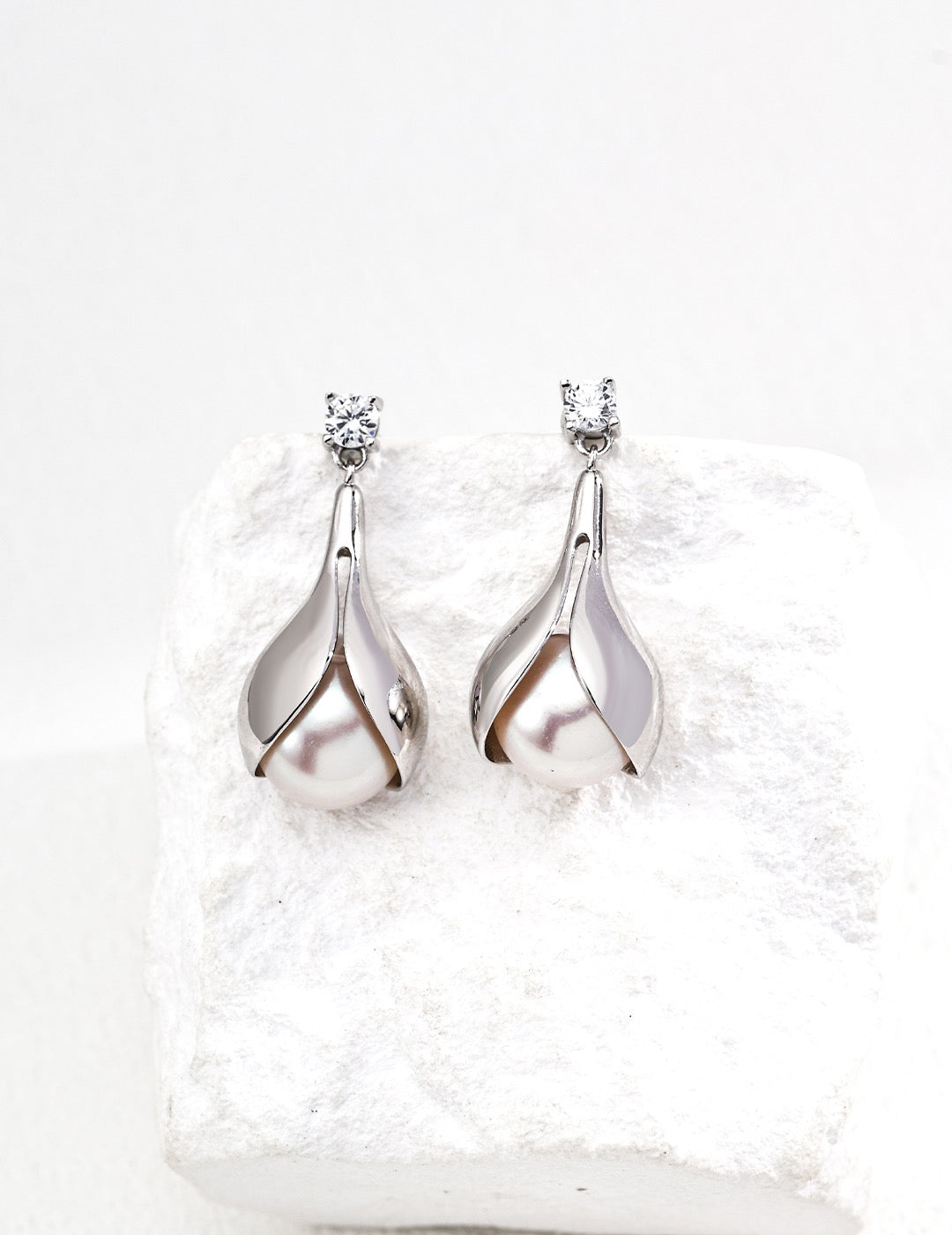 Whale S925 Sterling Silver Earrings with Polished Natural Pearl & Cubic Zirconia