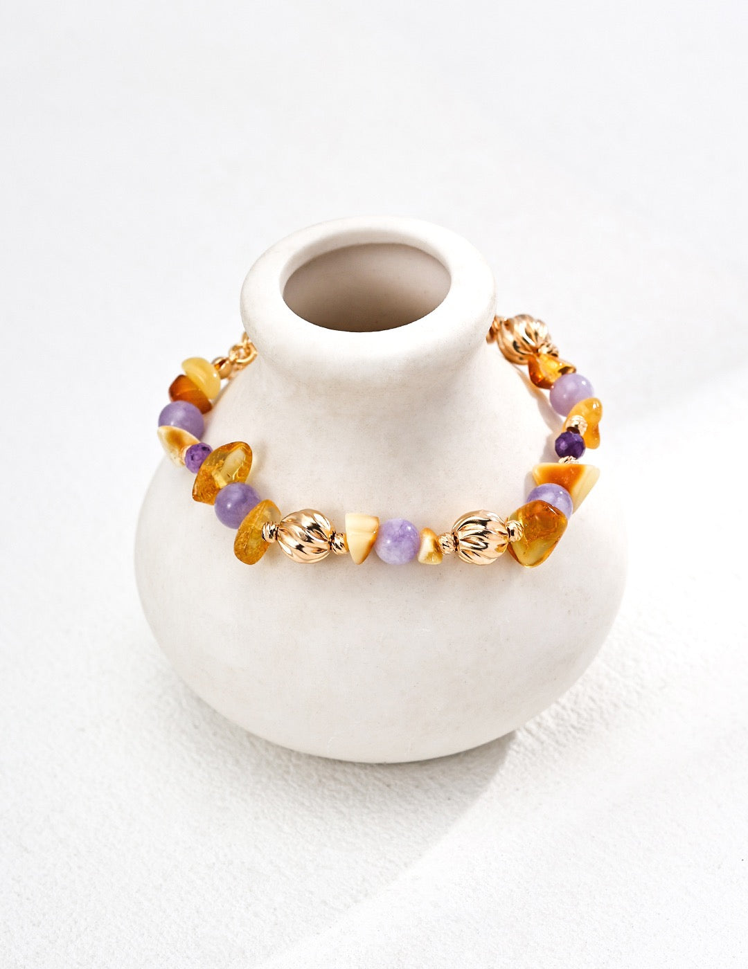 S925 Sterling Silver Bracelet with Natural Amber and Amethyst