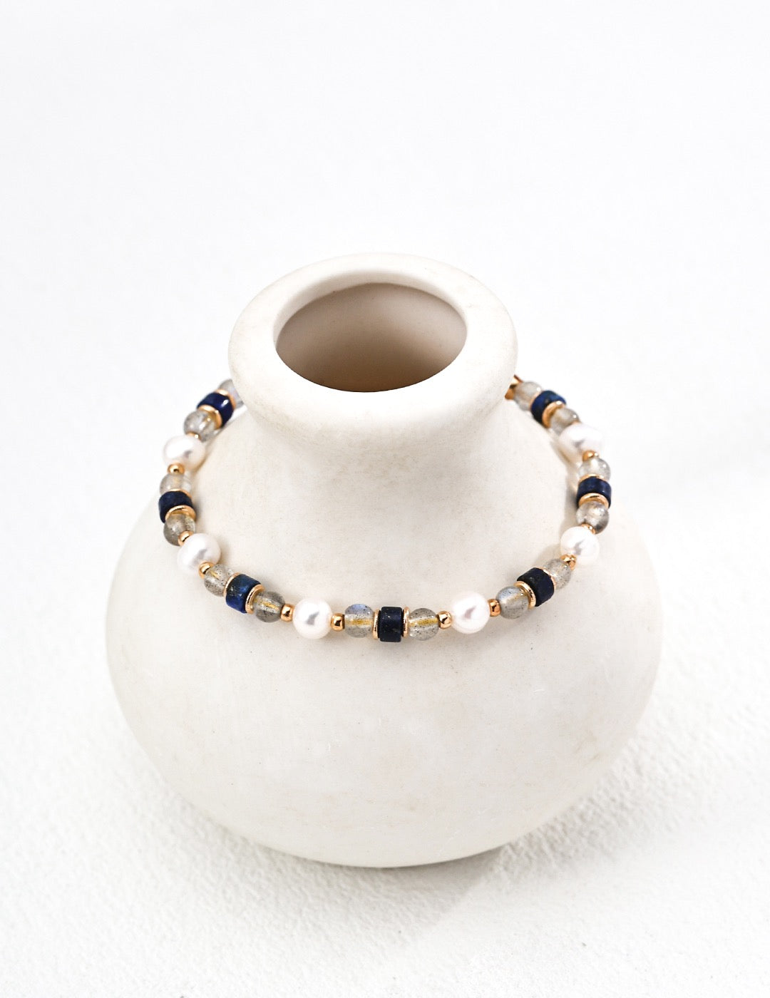 S925 Sterling Silver Bracelet with Gray Moonstone, Natural Pearl & Lapis Lazuli