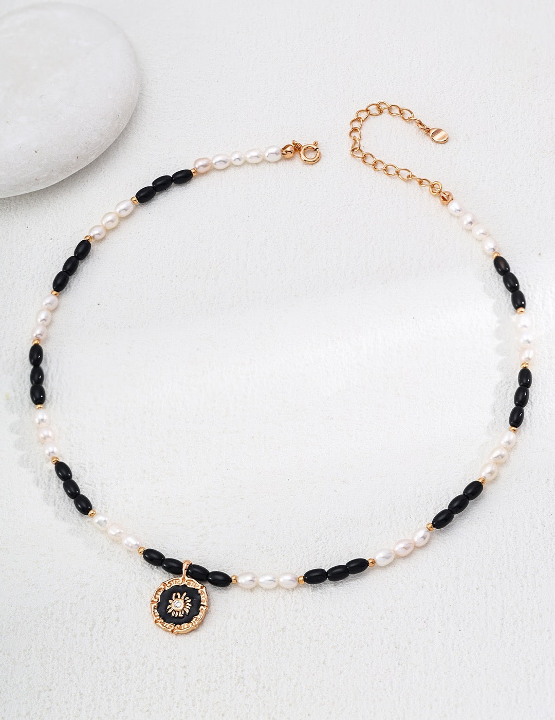 S925 Silver Natural Pearl & Black Onyx Enamel Zircon Pendant Necklace