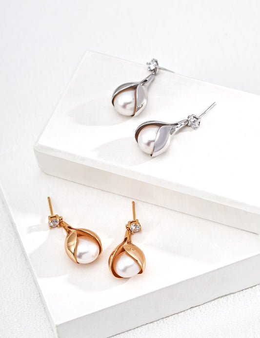 Whale S925 Sterling Silver Earrings with Polished Natural Pearl & Cubic Zirconia
