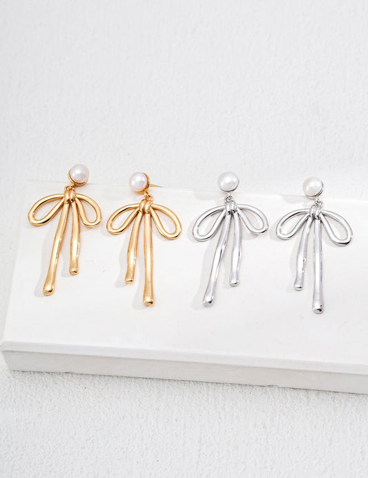 Ribbon S925 Sterling Silver Earrings with Natural Pearl