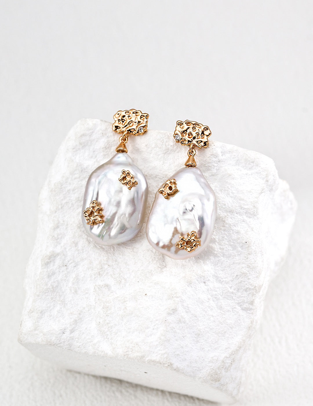 Vintage Gold S925 Sterling Silver Earrings with Natural Pearl & Cubic Zirconia