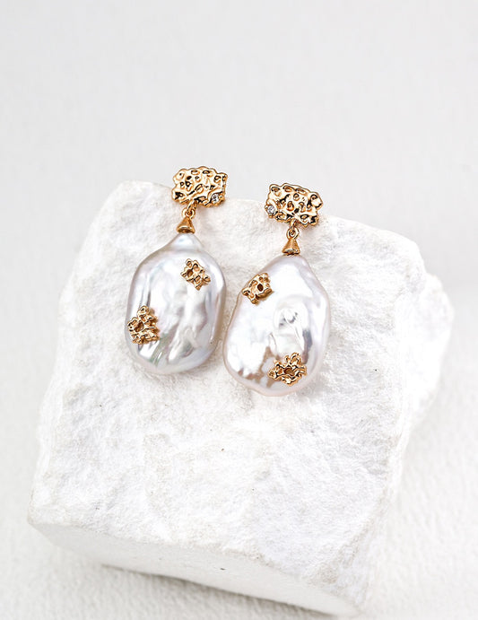 Vintage Gold S925 Sterling Silver Earrings with Natural Pearl & Cubic Zirconia