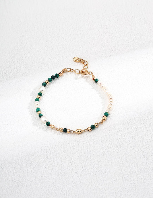 S925 Sterling Silver Bracelet with Natural Pearl & Malachite