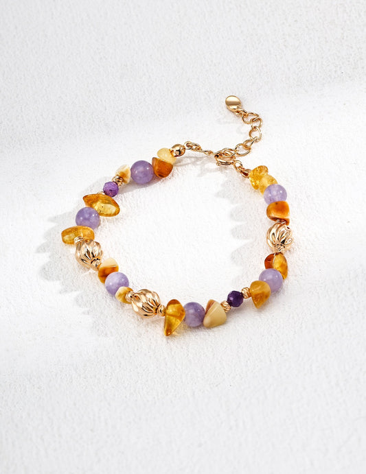 S925 Sterling Silver Bracelet with Natural Amber and Amethyst