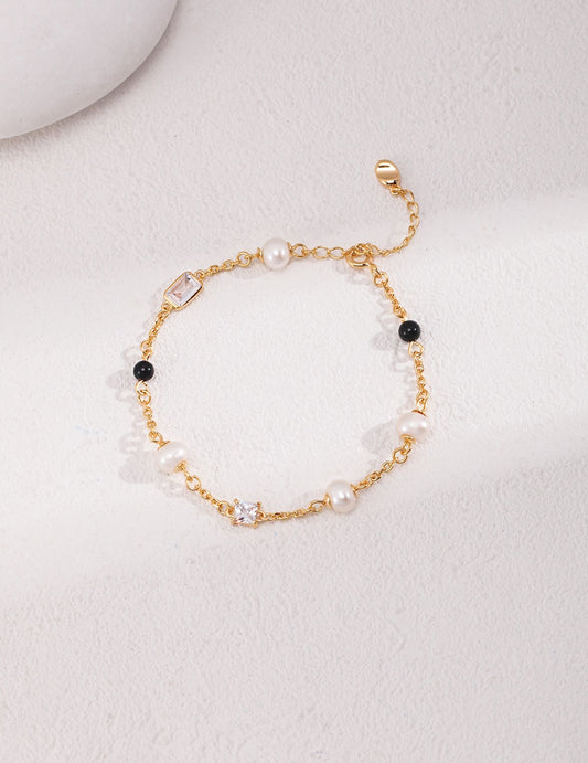 Sterling Silver Pearl Bracelet with Black Onyx