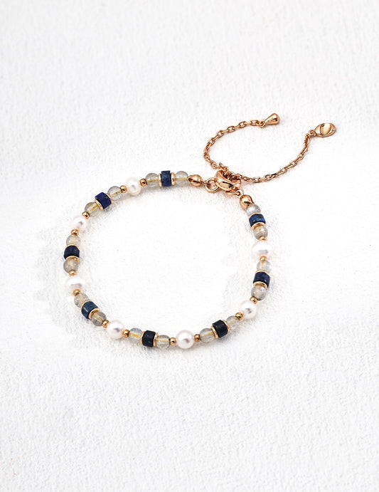 S925 Sterling Silver Bracelet with Gray Moonstone, Natural Pearl & Lapis Lazuli