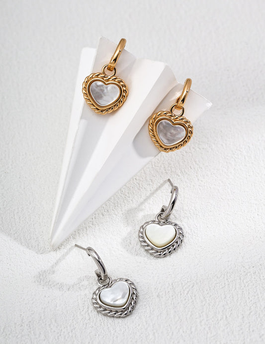 S925 Silver Vintage Natural White Mother-of-Pearl Heart Earrings