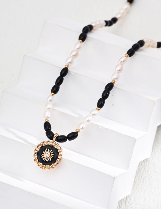 S925 Silver Natural Pearl & Black Onyx Enamel Zircon Pendant Necklace